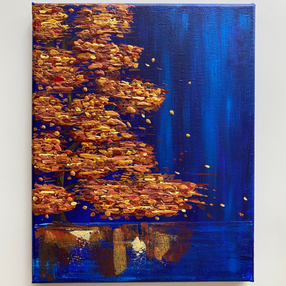 🌙New Original Painting Handmade Gold Tree Water Acrylic Wall Art Gift Gold Blue